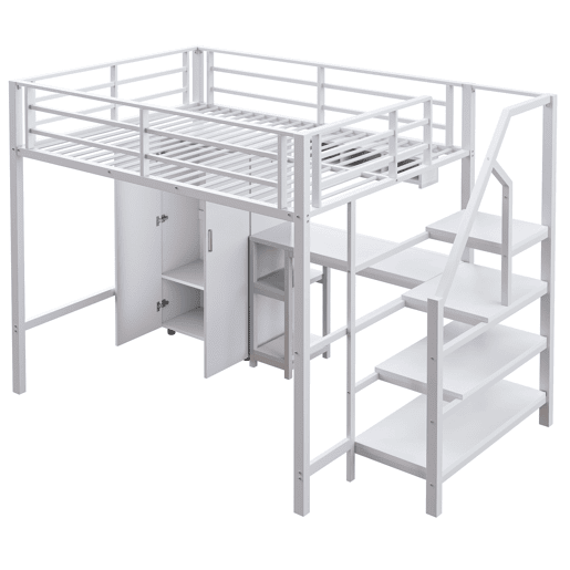 Cama alta metálica 140x200 cm - com secretária, roupeiro e escada de arrumação - Branco Cama alta metálica 140x200 cm - com secretária, roupeiro e escada de arrumação - Branco
