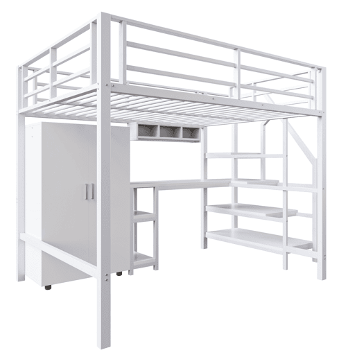 Cama alta metálica 140x200 cm - com secretária, roupeiro e escada de arrumação - Branco Cama alta metálica 140x200 cm - com secretária, roupeiro e escada de arrumação - Branco