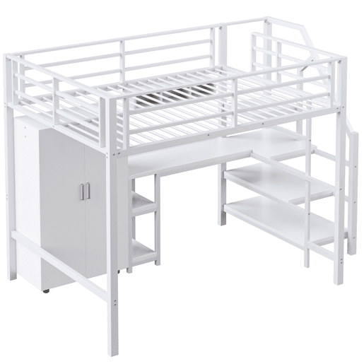 Cama alta metálica 140x200 cm - com secretária, roupeiro e escada de arrumação - Branco Cama alta metálica 140x200 cm - com secretária, roupeiro e escada de arrumação - Branco