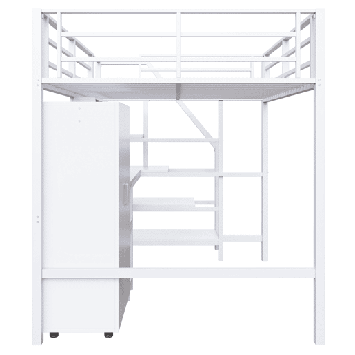 Cama alta metálica 140x200 cm - com secretária, roupeiro e escada de arrumação - Branco Cama alta metálica 140x200 cm - com secretária, roupeiro e escada de arrumação - Branco