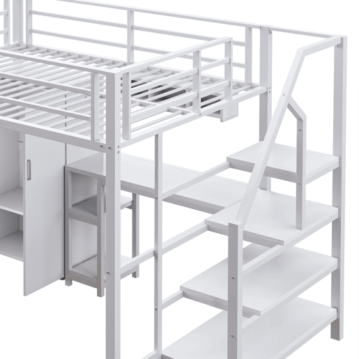 Cama alta metálica 140x200 cm - com secretária, roupeiro e escada de arrumação - Branco Cama alta metálica 140x200 cm - com secretária, roupeiro e escada de arrumação - Branco