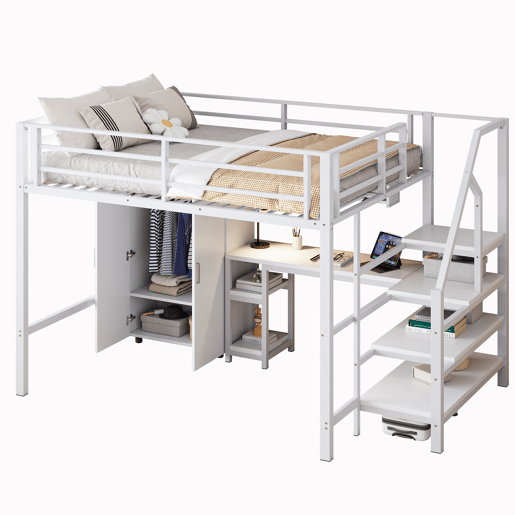 Cama alta metálica 140x200 cm - com secretária, roupeiro e escada de arrumação - Branco Cama alta metálica 140x200 cm - com secretária, roupeiro e escada de arrumação - Branco