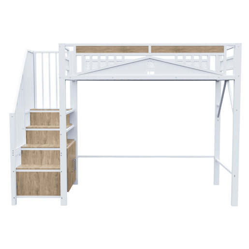 Cama alta metálica 90x200 cm - Casinha de segurança com janela, escada de segurança com armário - Branco Cama alta metálica 90x200 cm - Casinha de segurança com janela, escada de segurança com armário - Branco