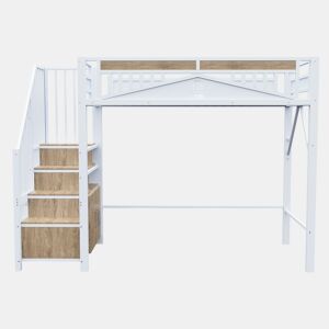 Cama alta metálica 90x200 cm - Casinha de segurança com janela, escada de segurança com armário - Branco