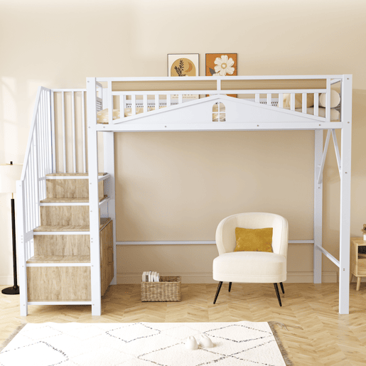 Cama alta metálica 90x200 cm - Casinha de segurança com janela, escada de segurança com armário - Branco Cama alta metálica 90x200 cm - Casinha de segurança com janela, escada de segurança com armário - Branco