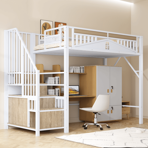 Cama alta metálica 90x200 cm - Casinha de segurança com janela, escada de segurança com armário - Branco Cama alta metálica 90x200 cm - Casinha de segurança com janela, escada de segurança com armário - Branco