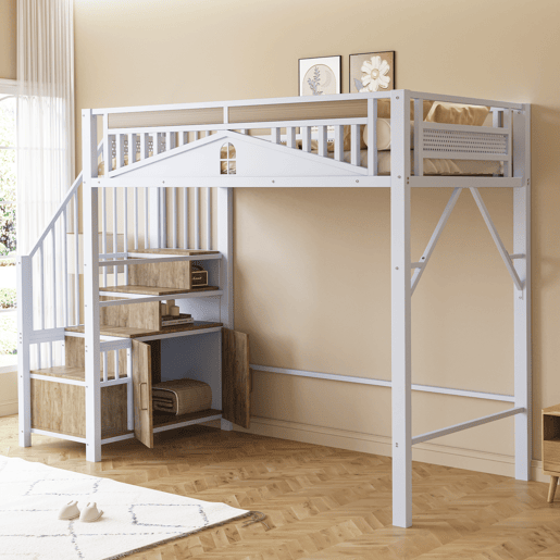 Cama alta metálica 90x200 cm - Casinha de segurança com janela, escada de segurança com armário - Branco Cama alta metálica 90x200 cm - Casinha de segurança com janela, escada de segurança com armário - Branco