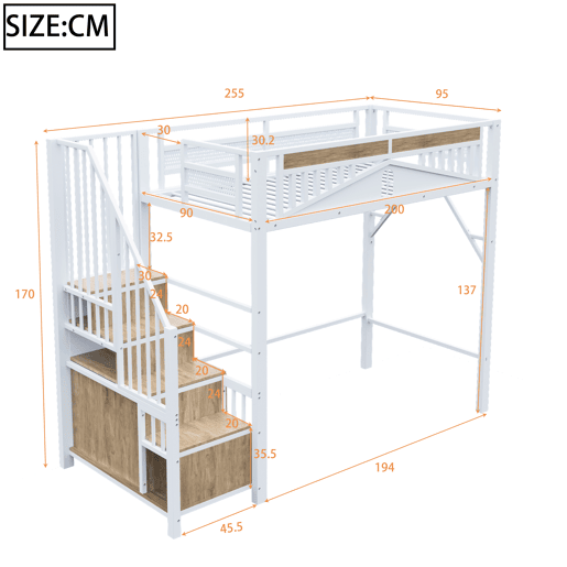 Cama alta metálica 90x200 cm - Casinha de segurança com janela, escada de segurança com armário - Branco Cama alta metálica 90x200 cm - Casinha de segurança com janela, escada de segurança com armário - Branco