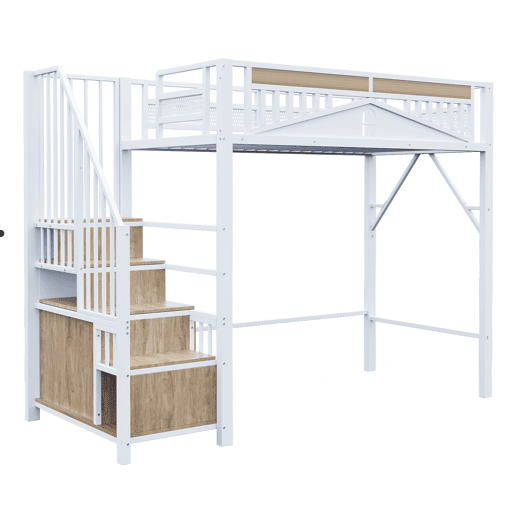 Cama alta metálica 90x200 cm - Casinha de segurança com janela, escada de segurança com armário - Branco Cama alta metálica 90x200 cm - Casinha de segurança com janela, escada de segurança com armário - Branco