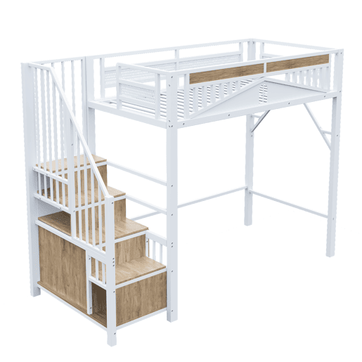 Cama alta metálica 90x200 cm - Casinha de segurança com janela, escada de segurança com armário - Branco Cama alta metálica 90x200 cm - Casinha de segurança com janela, escada de segurança com armário - Branco