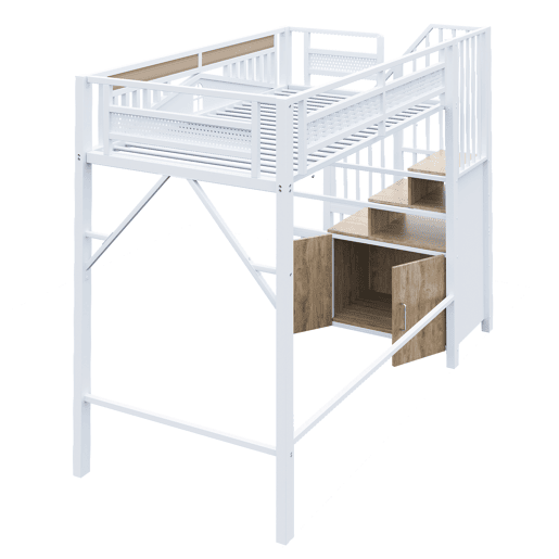 Cama alta metálica 90x200 cm - Casinha de segurança com janela, escada de segurança com armário - Branco Cama alta metálica 90x200 cm - Casinha de segurança com janela, escada de segurança com armário - Branco