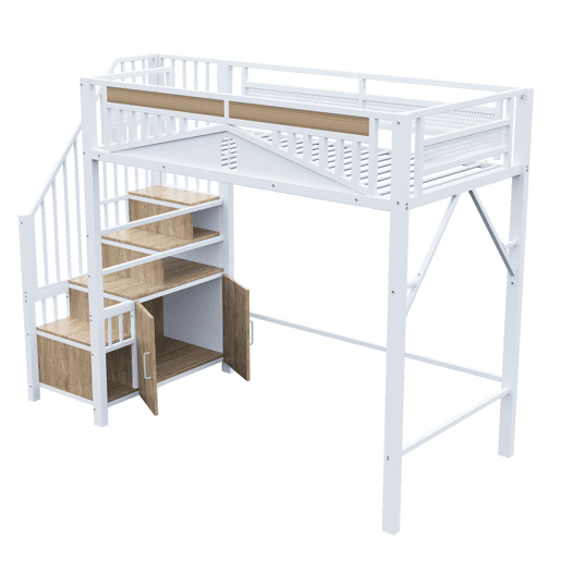 Cama alta metálica 90x200 cm - Casinha de segurança com janela, escada de segurança com armário - Branco Cama alta metálica 90x200 cm - Casinha de segurança com janela, escada de segurança com armário - Branco