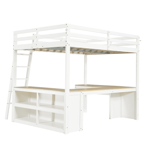 Cama loft 140x200 cm - Mesa em U com duas gavetas e prateleira - Branco+Natural Cama loft 140x200 cm - Mesa em U com duas gavetas e prateleira - Branco+Natural