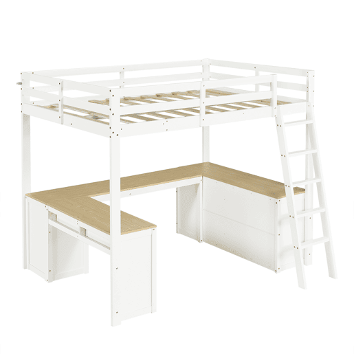 Cama loft 140x200 cm - Mesa em U com duas gavetas e prateleira - Branco+Natural Cama loft 140x200 cm - Mesa em U com duas gavetas e prateleira - Branco+Natural