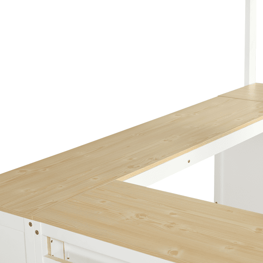 Cama loft 140x200 cm - Mesa em U com duas gavetas e prateleira - Branco+Natural Cama loft 140x200 cm - Mesa em U com duas gavetas e prateleira - Branco+Natural
