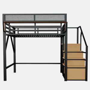 Cama alta 140x200 - com escada de segurança e compartimento de arrumação flexível - Preto