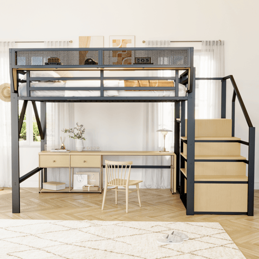 Cama alta 140x200 - com escada de segurança e compartimento de arrumação flexível - Preto Cama alta 140x200 - com escada de segurança e compartimento de arrumação flexível - Preto