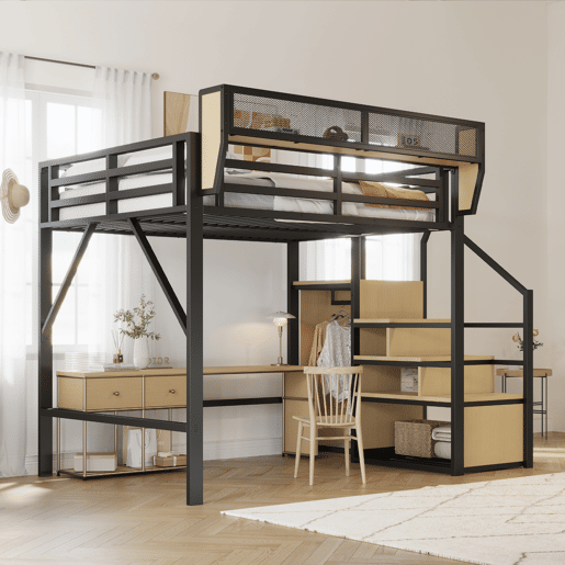 Cama alta 140x200 - com escada de segurança e compartimento de arrumação flexível - Preto Cama alta 140x200 - com escada de segurança e compartimento de arrumação flexível - Preto