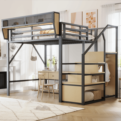 Cama alta 140x200 - com escada de segurança e compartimento de arrumação flexível - Preto Cama alta 140x200 - com escada de segurança e compartimento de arrumação flexível - Preto