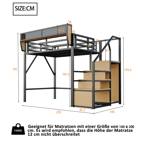 Cama alta 140x200 - com escada de segurança e compartimento de arrumação flexível - Preto Cama alta 140x200 - com escada de segurança e compartimento de arrumação flexível - Preto