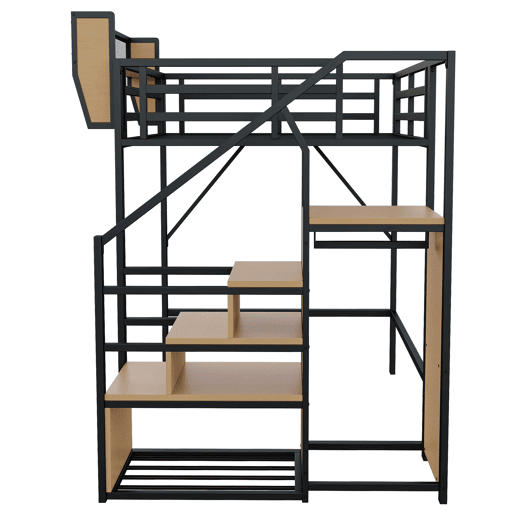 Cama alta 140x200 - com escada de segurança e compartimento de arrumação flexível - Preto Cama alta 140x200 - com escada de segurança e compartimento de arrumação flexível - Preto