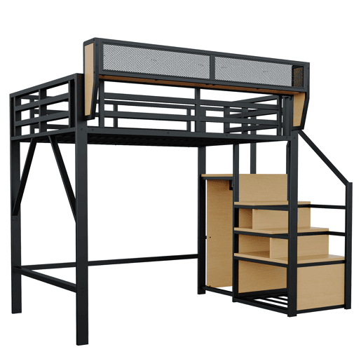 Cama alta 140x200 - com escada de segurança e compartimento de arrumação flexível - Preto Cama alta 140x200 - com escada de segurança e compartimento de arrumação flexível - Preto