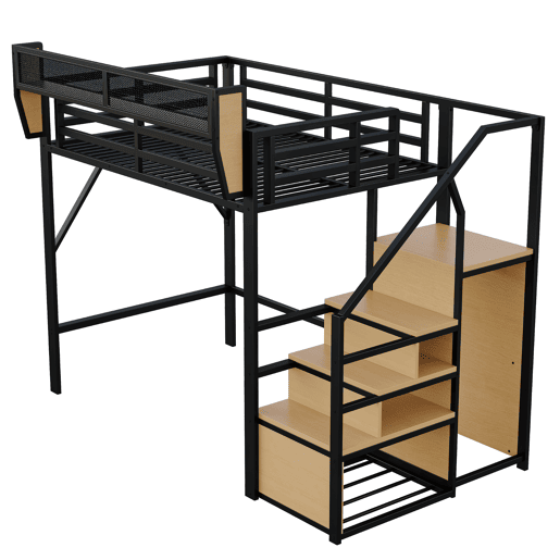 Cama alta 140x200 - com escada de segurança e compartimento de arrumação flexível - Preto Cama alta 140x200 - com escada de segurança e compartimento de arrumação flexível - Preto
