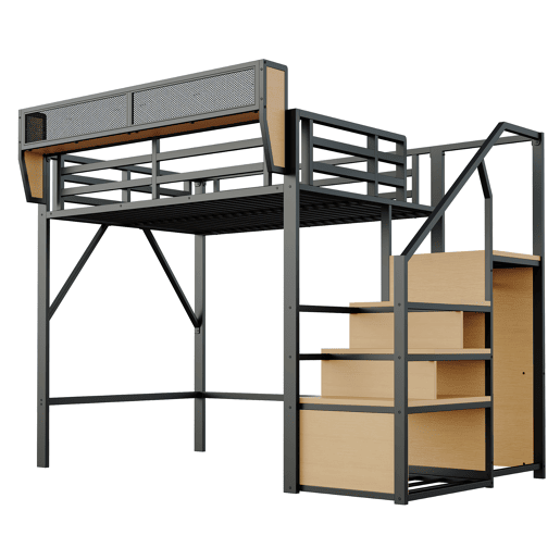 Cama alta 140x200 - com escada de segurança e compartimento de arrumação flexível - Preto Cama alta 140x200 - com escada de segurança e compartimento de arrumação flexível - Preto
