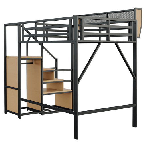 Cama alta 140x200 - com escada de segurança e compartimento de arrumação flexível - Preto Cama alta 140x200 - com escada de segurança e compartimento de arrumação flexível - Preto