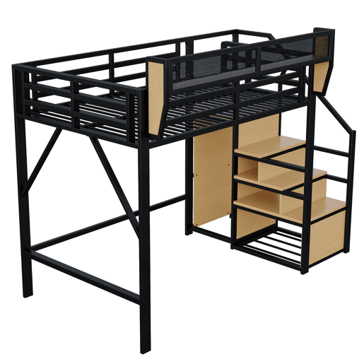 Cama alta 140x200 - com escada de segurança e compartimento de arrumação flexível - Preto Cama alta 140x200 - com escada de segurança e compartimento de arrumação flexível - Preto