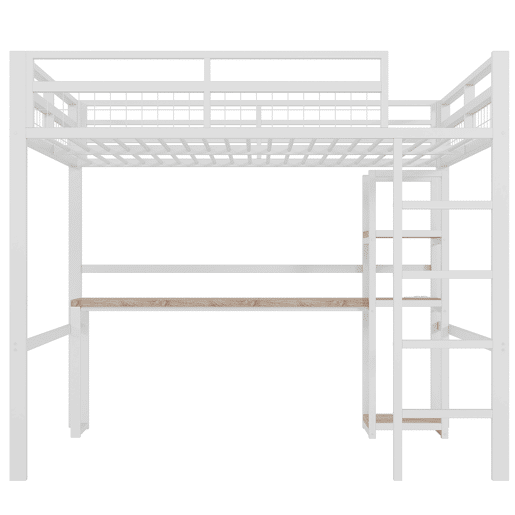 Cama alta 140x200cm - Estrutura em metal, várias prateleiras, secretária com tomada e USB tipo C, grade de proteção, escada - Branco