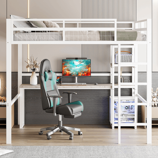 Cama alta 140x200cm - Estrutura em metal, várias prateleiras, secretária com tomada e USB tipo C, grade de proteção, escada - Branco