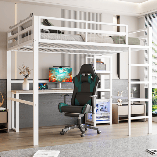 Cama alta 140x200cm - Estrutura em metal, várias prateleiras, secretária com tomada e USB tipo C, grade de proteção, escada - Branco