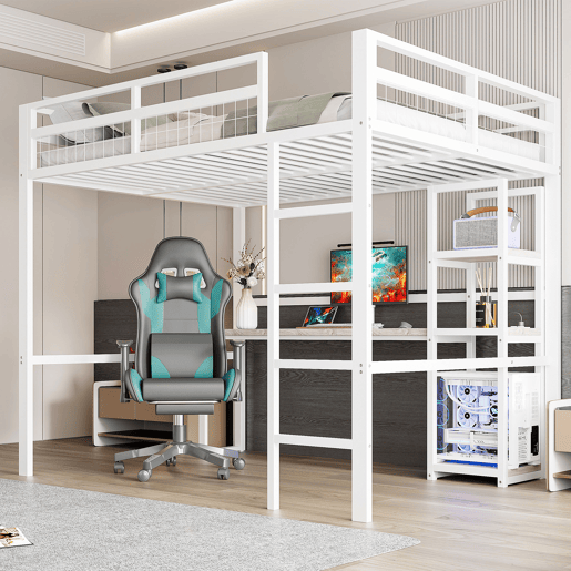 Cama alta 140x200cm - Estrutura em metal, várias prateleiras, secretária com tomada e USB tipo C, grade de proteção, escada - Branco