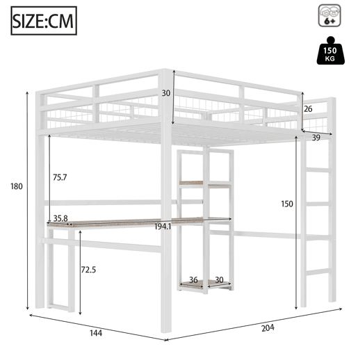 Cama alta 140x200cm - Estrutura em metal, várias prateleiras, secretária com tomada e USB tipo C, grade de proteção, escada - Branco