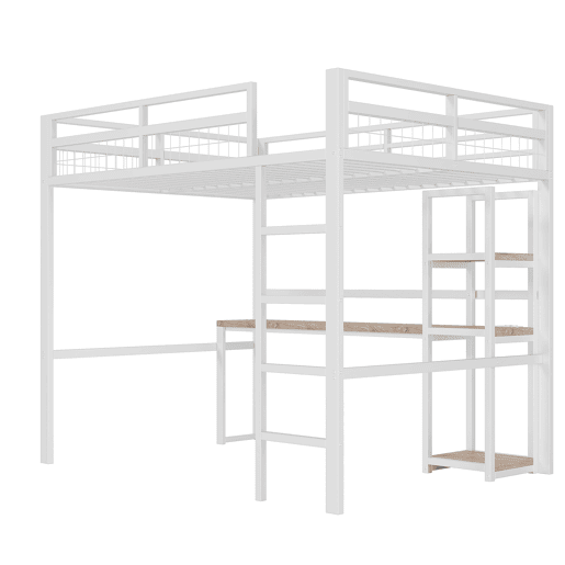 Cama alta 140x200cm - Estrutura em metal, várias prateleiras, secretária com tomada e USB tipo C, grade de proteção, escada - Branco