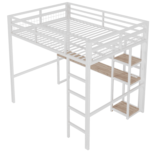 Cama alta 140x200cm - Estrutura em metal, várias prateleiras, secretária com tomada e USB tipo C, grade de proteção, escada - Branco
