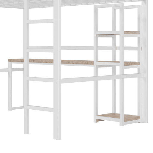 Cama alta 140x200cm - Estrutura em metal, várias prateleiras, secretária com tomada e USB tipo C, grade de proteção, escada - Branco