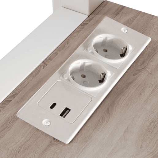 Cama alta 140x200cm - Estrutura em metal, várias prateleiras, secretária com tomada e USB tipo C, grade de proteção, escada - Branco
