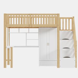 Cama alta 90x200 - Com armário grande, prateleira e mesa, escada com arrumação - Cor madeira