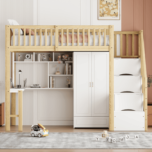 Cama alta 90x200 - Com armário grande, prateleira e mesa, escada com arrumação - Cor madeira Cama alta 90x200 - Com armário grande, prateleira e mesa, escada com arrumação - Cor madeira