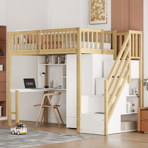 Cama alta 90x200 - Com armário grande, prateleira e mesa, escada com arrumação - Cor madeira Cama alta 90x200 - Com armário grande, prateleira e mesa, escada com arrumação - Cor madeira