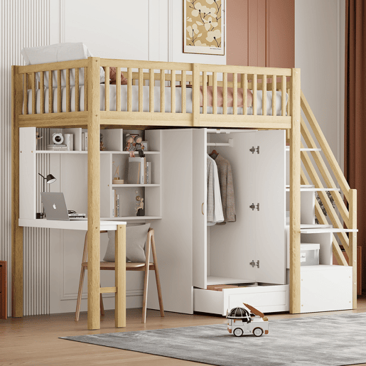 Cama alta 90x200 - Com armário grande, prateleira e mesa, escada com arrumação - Cor madeira Cama alta 90x200 - Com armário grande, prateleira e mesa, escada com arrumação - Cor madeira