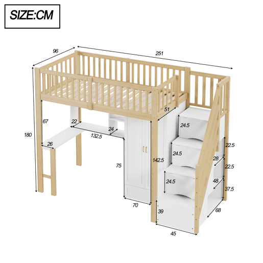 Cama alta 90x200 - Com armário grande, prateleira e mesa, escada com arrumação - Cor madeira Cama alta 90x200 - Com armário grande, prateleira e mesa, escada com arrumação - Cor madeira