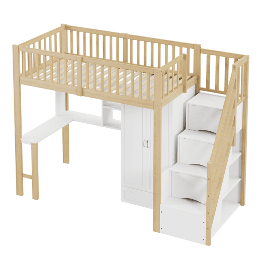 Cama alta 90x200 - Com armário grande, prateleira e mesa, escada com arrumação - Cor madeira Cama alta 90x200 - Com armário grande, prateleira e mesa, escada com arrumação - Cor madeira