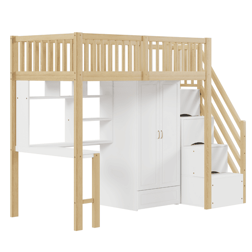 Cama alta 90x200 - Com armário grande, prateleira e mesa, escada com arrumação - Cor madeira Cama alta 90x200 - Com armário grande, prateleira e mesa, escada com arrumação - Cor madeira