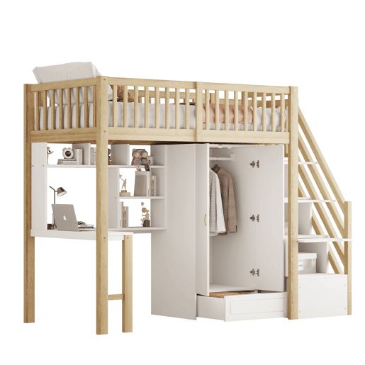 Cama alta 90x200 - Com armário grande, prateleira e mesa, escada com arrumação - Cor madeira Cama alta 90x200 - Com armário grande, prateleira e mesa, escada com arrumação - Cor madeira
