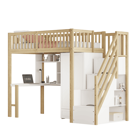 Cama alta 90x200 - Com armário grande, prateleira e mesa, escada com arrumação - Cor madeira Cama alta 90x200 - Com armário grande, prateleira e mesa, escada com arrumação - Cor madeira