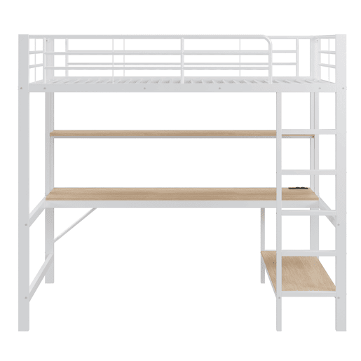 Cama alta 90x200cm - Com corrimão, escada, USB e tomada, com luzes LED, secretária, estante multifuncional - Branco Cama alta 90x200cm - Com corrimão, escada, USB e tomada, com luzes LED, secretária, estante multifuncional - Branco