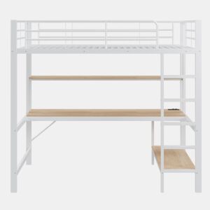 Cama alta 90x200cm - Com corrimão, escada, USB e tomada, com luzes LED, secretária, estante multifuncional - Branco